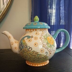 Peacock Ceramic Hand Painted Teapot Blue Green Yellow Accents With Lid Farmhouse